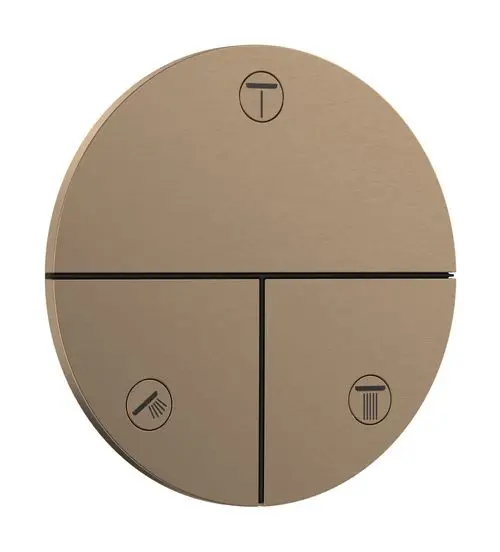 Rundes Bedienfeld von Hansgrohe mit vier Symbolen für verschiedene Wasserverbraucher. Oberfläche in brushed Bronze, unterteilt in drei Bereiche.